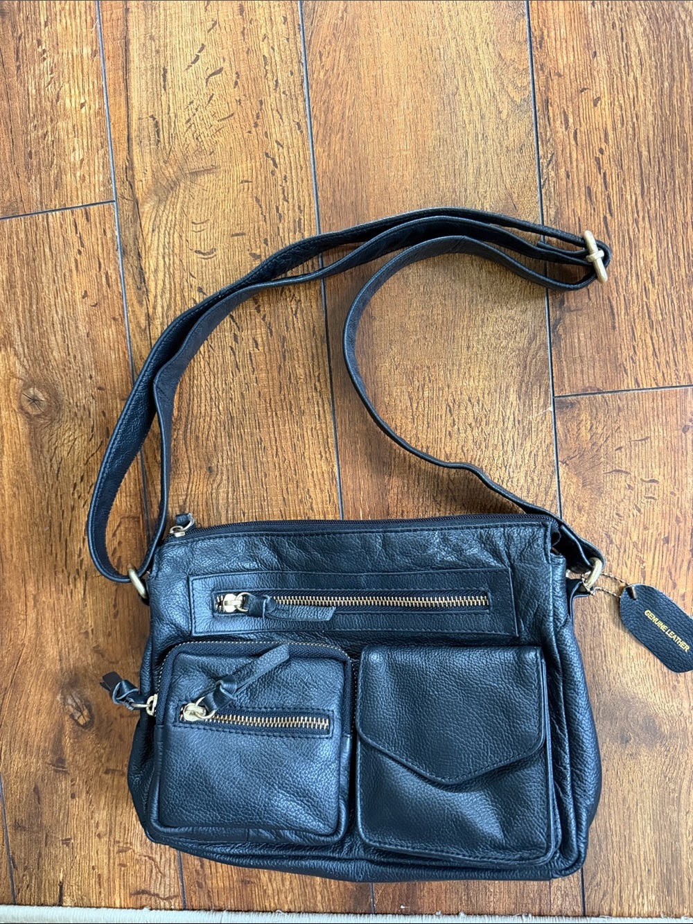 Black Leather Crossbody Bag with Front Pockets